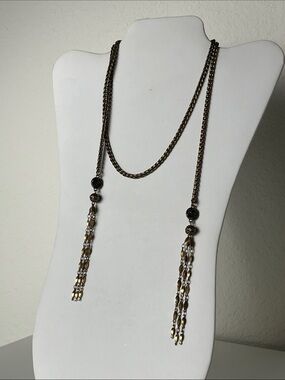 Women's Long Double-Chain Tassel Necklace in Antique Gold Tone